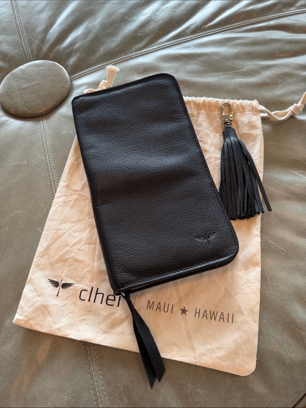 Black Leather Zip-Around Wallet with Tassel with dust bag